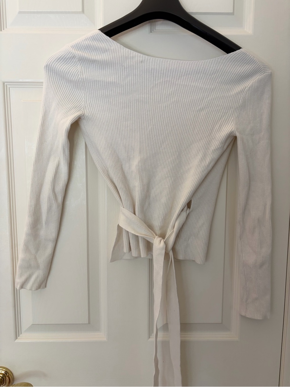 Sezane Cream Ribbed Wrap-Front Long Sleeve Crop Top - Picture 4 of 4